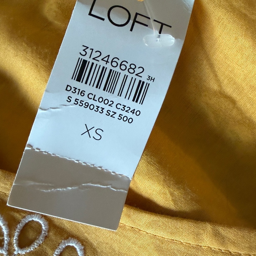 LOFT NWT Mustard Yellow Embroidered Oversized Flutter Sleeve Dress XS - Picture 9 of 9